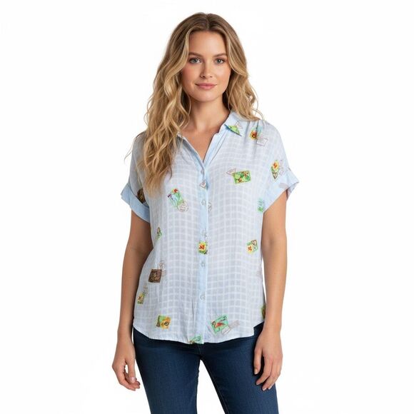 Anthropologie Jane & Delancey Light Blue Postage Print Button Up Top Medium - Picture 1 of 7